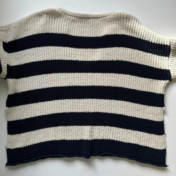 Zara Striped Chunky Knit Sweater Blue Cream V Neck Boxy Fit Nautical Preppy Sz L - Picture 14 of 16